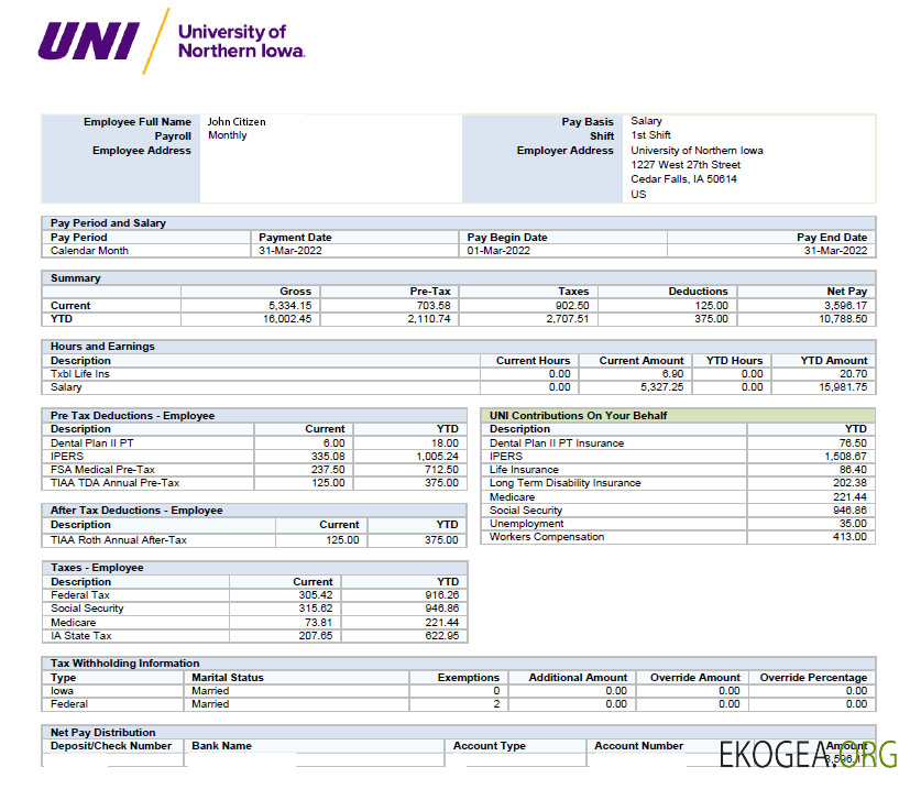 Bulletin de paie de l'UNIVERSITÉ américaine du nord de l'Iowa aux formats Excel et PDF